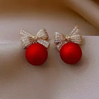 Red Ball and Rhinestone Bow Earrings