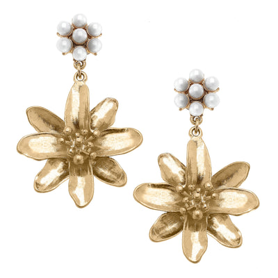 Flower & Pearl Cluster Drop Earrings