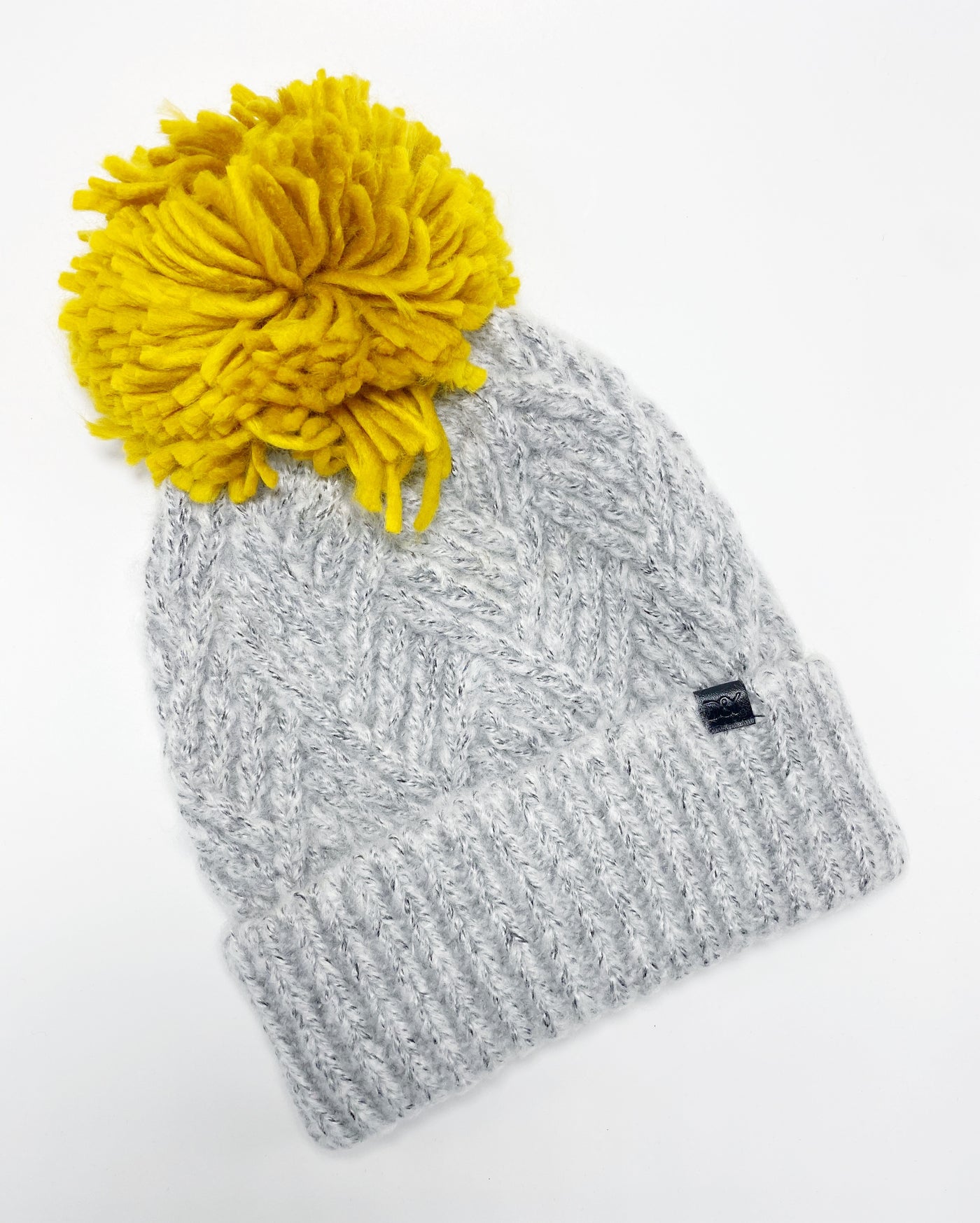 Gray Woven Beanie with Yellow Pom