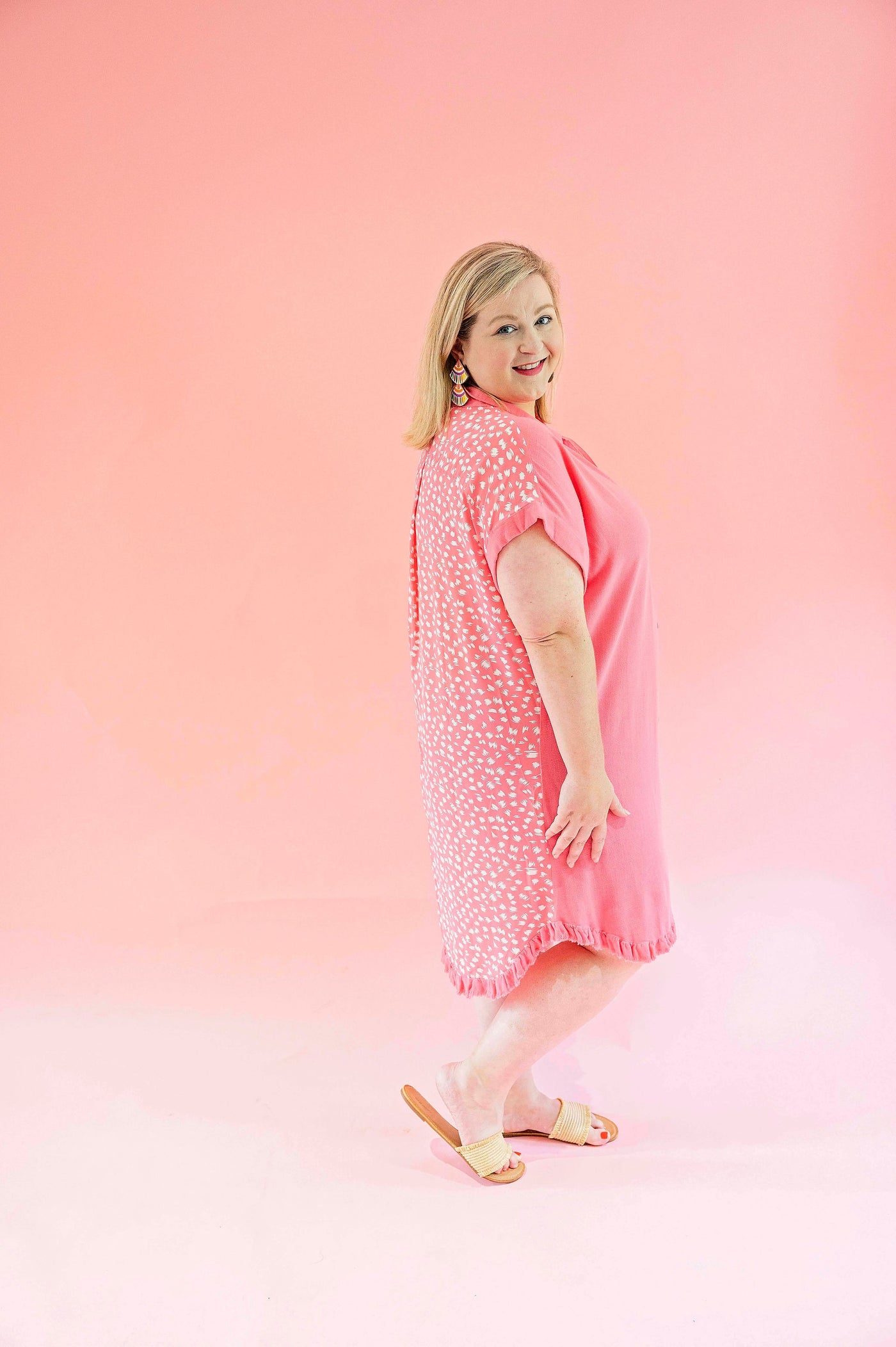 Pink Linen Dress with Spotted Back - PLUS