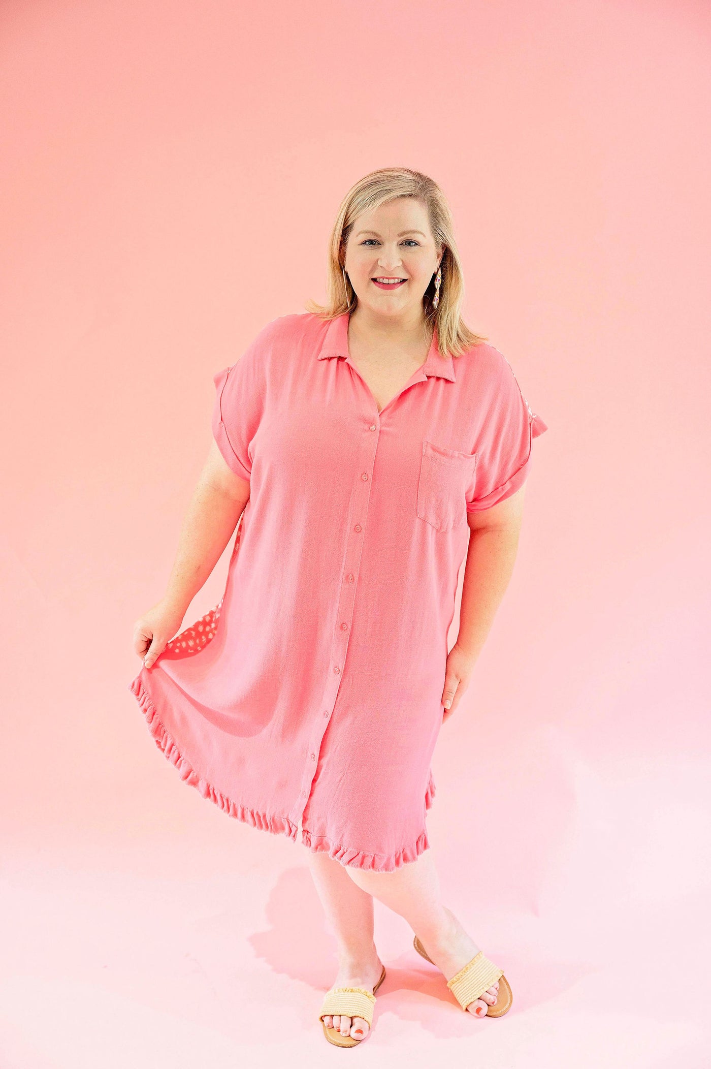 Pink Linen Dress with Spotted Back - PLUS