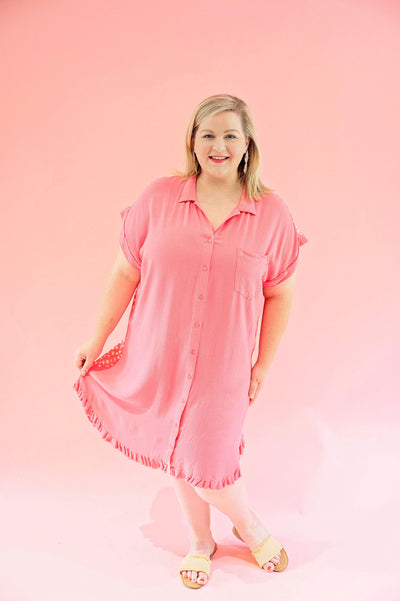 Pink Linen Dress with Spotted Back - PLUS