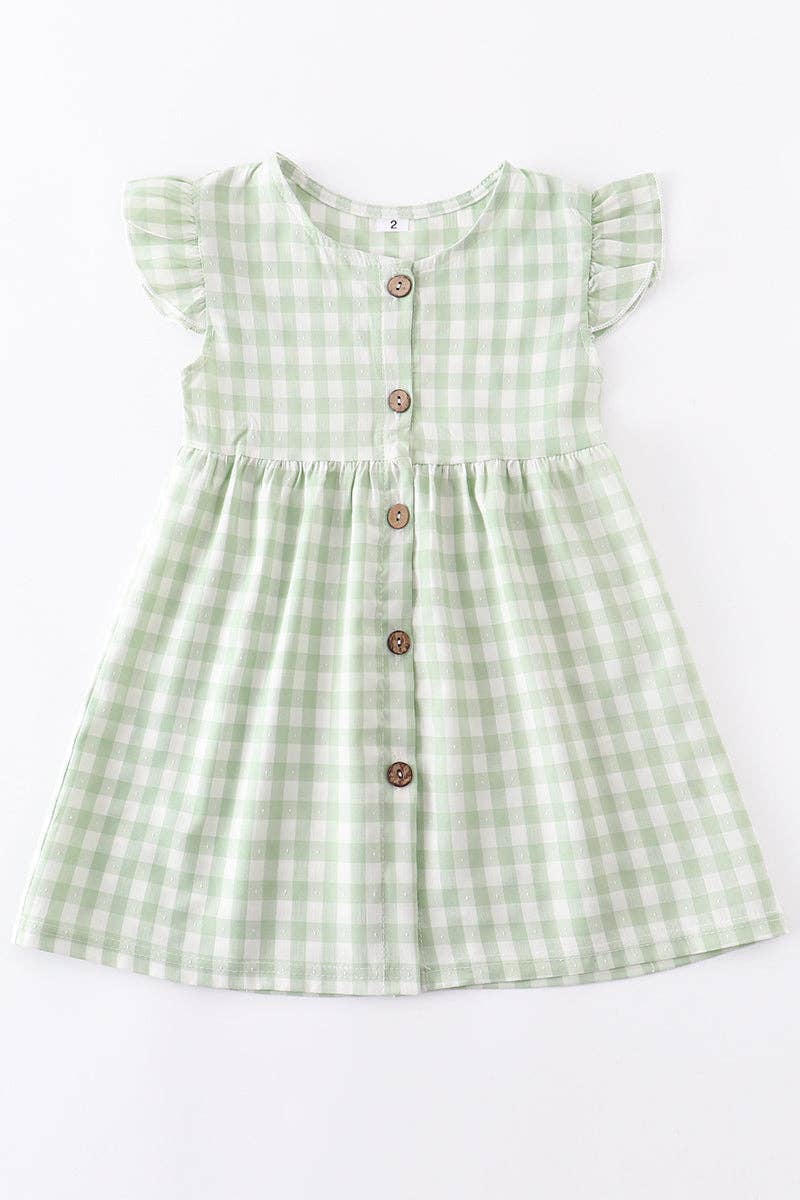 Green Plaid Button Dress - KIDS